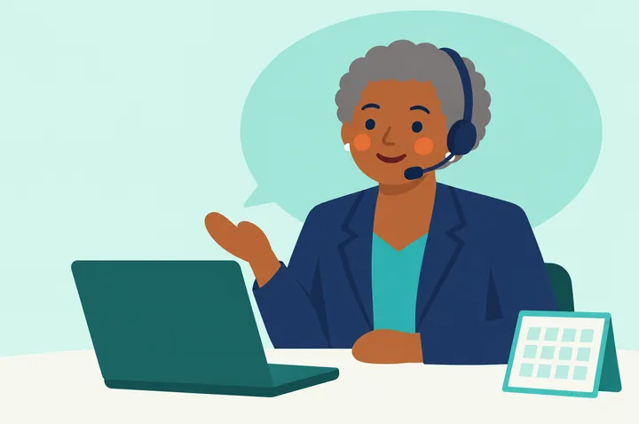 Grace on a call with a client